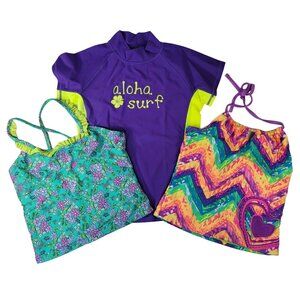2/$15 Girls Swim Tops Lot of 3 Purple Green Size 12 Tankini Rash Guard Floral